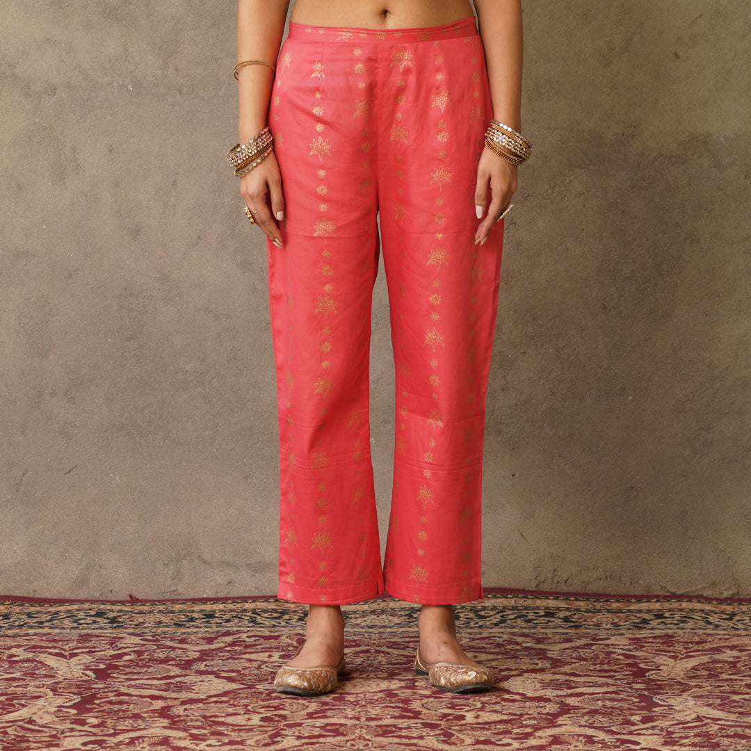 Coral Block Printed Cotton Straight Pants