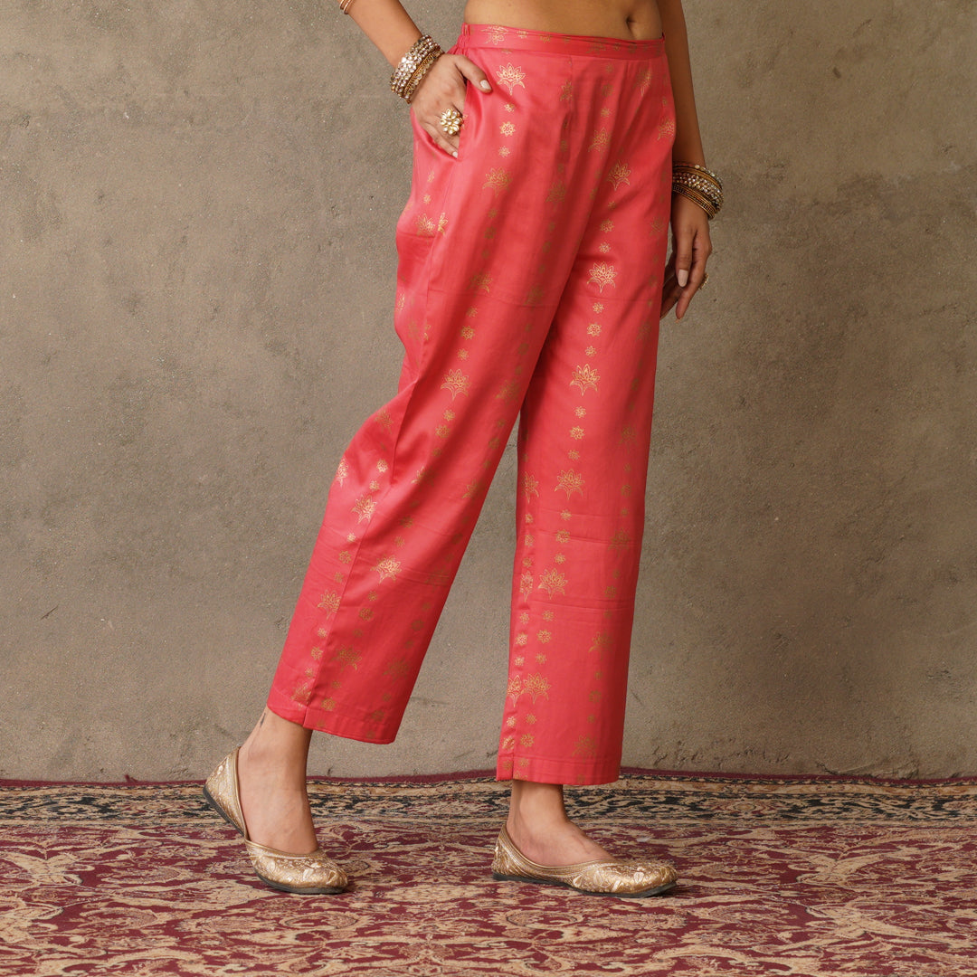Coral Block Printed Cotton Straight Pants