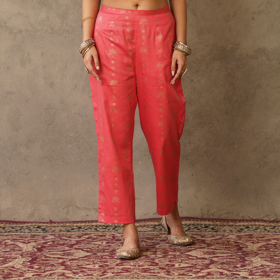 Coral Block Printed Cotton Straight Pants