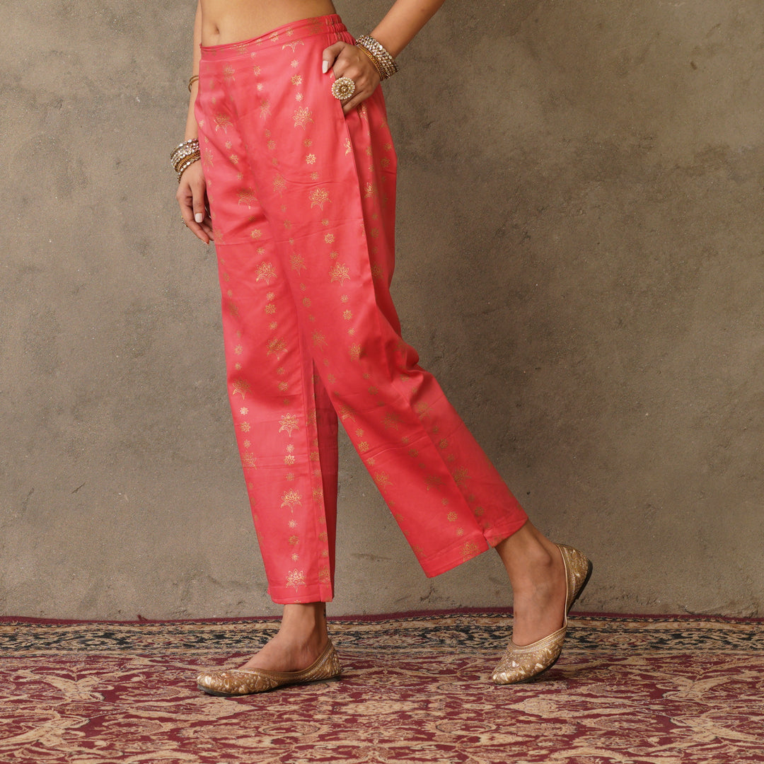 Gold Block Printed Coral Pintuck Details Straight Fit Kurta with Matching Straight Pants and Chanderi Dupatta (Set of 3)