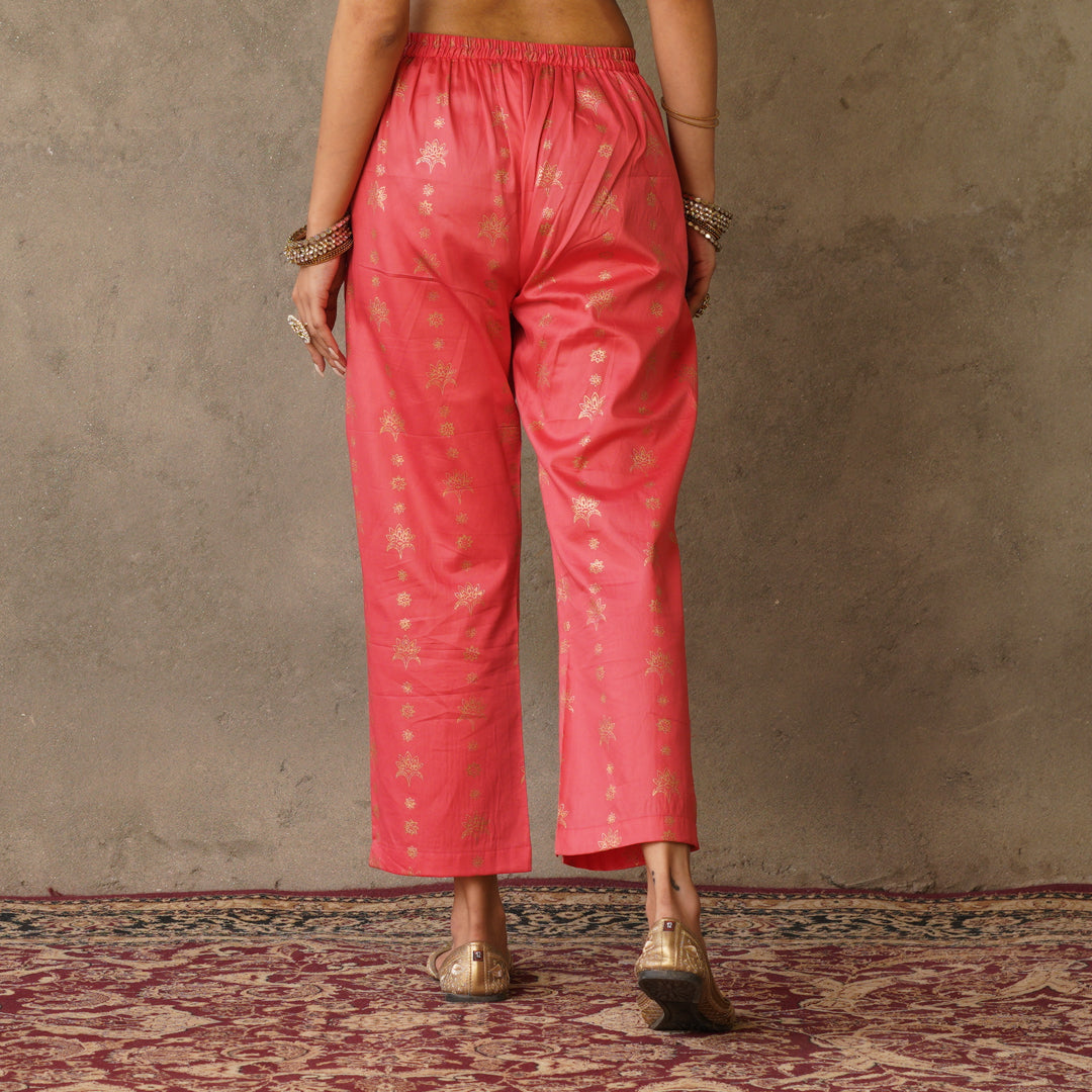 Coral Block Printed Cotton Straight Pants