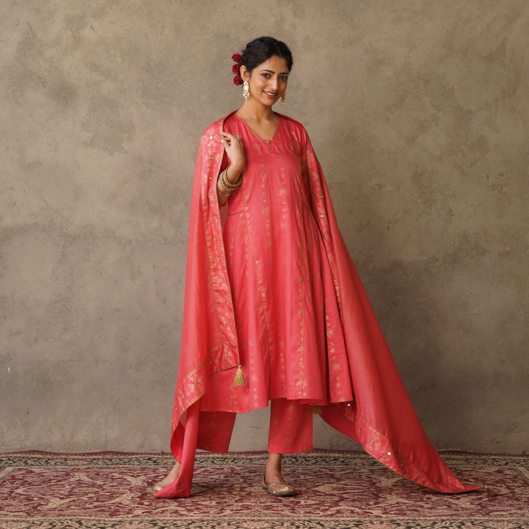 Coral Block Printed Anarkali Kurta with Hand Embroidery and Piping Detailed suit Set with Chanderi Dupatta (Set of 3)