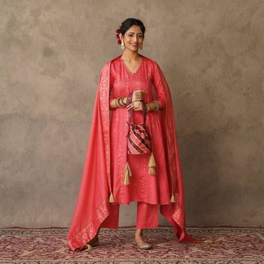 Coral Block Printed Anarkali Kurta with Hand Embroidery and Piping Detailed suit Set with Chanderi Dupatta (Set of 3)