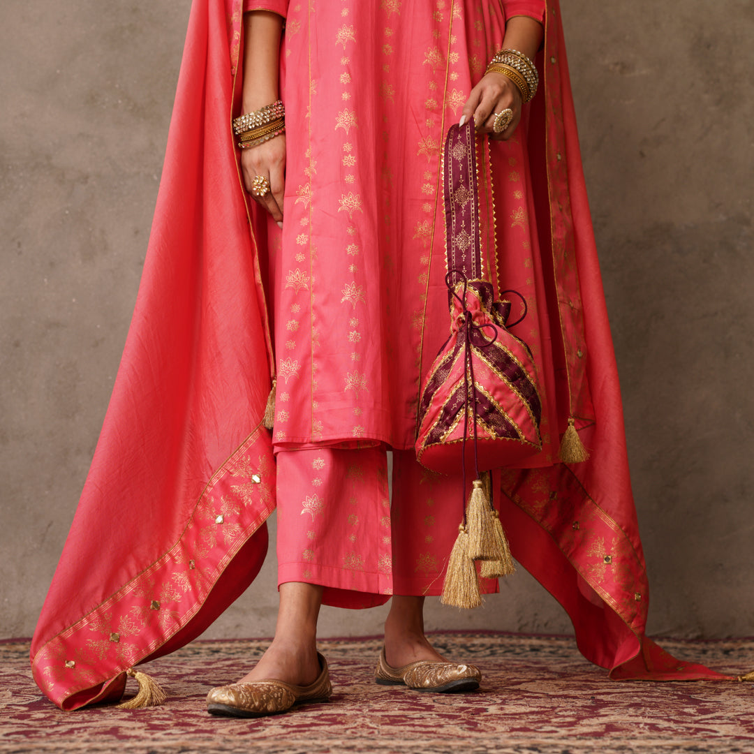 Coral Chanderi Dupatta with Block Printed Border and Embroidery Details