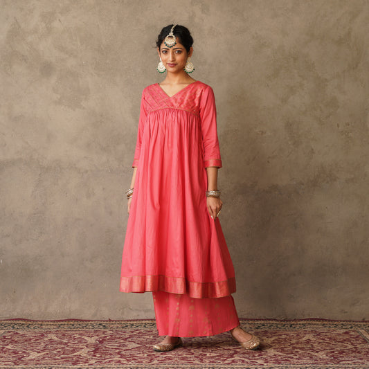 Coral Block Printed Anarkali Kurta with Hand Embroidery Details on Yoke Paired with Coral Block Printed Sharara Set (Set of 2)