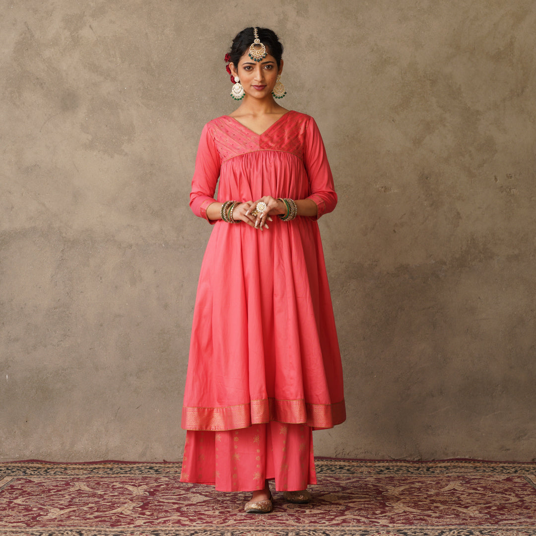 Coral Block Printed Anarkali suit Set with Hand Embroidery Details on Yoke Paired with Chanderi Dupatta (Set of 3)
