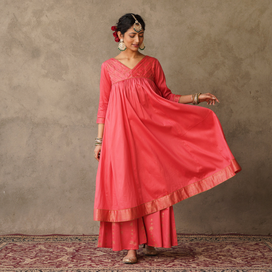 Coral Block Printed Anarkali suit Set with Hand Embroidery Details on Yoke Paired with Chanderi Dupatta (Set of 3)