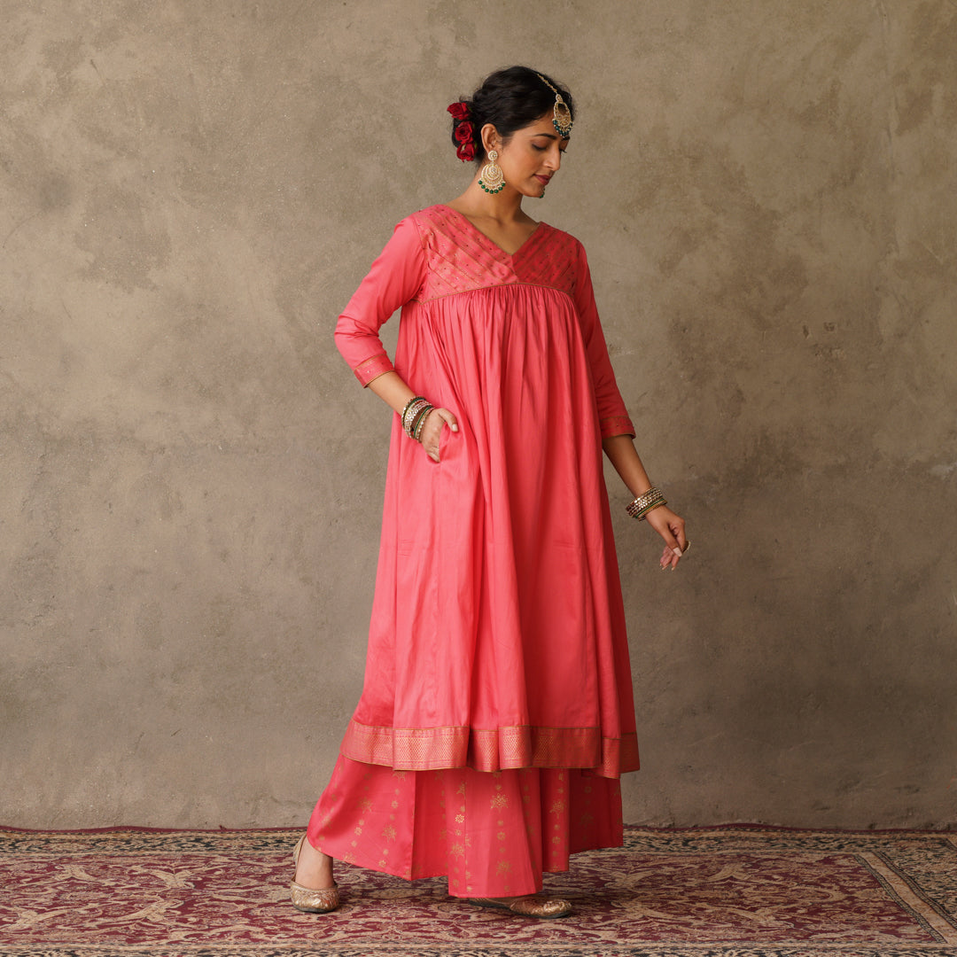 Coral Block Printed Anarkali suit Set with Hand Embroidery Details on Yoke Paired with Chanderi Dupatta (Set of 3)