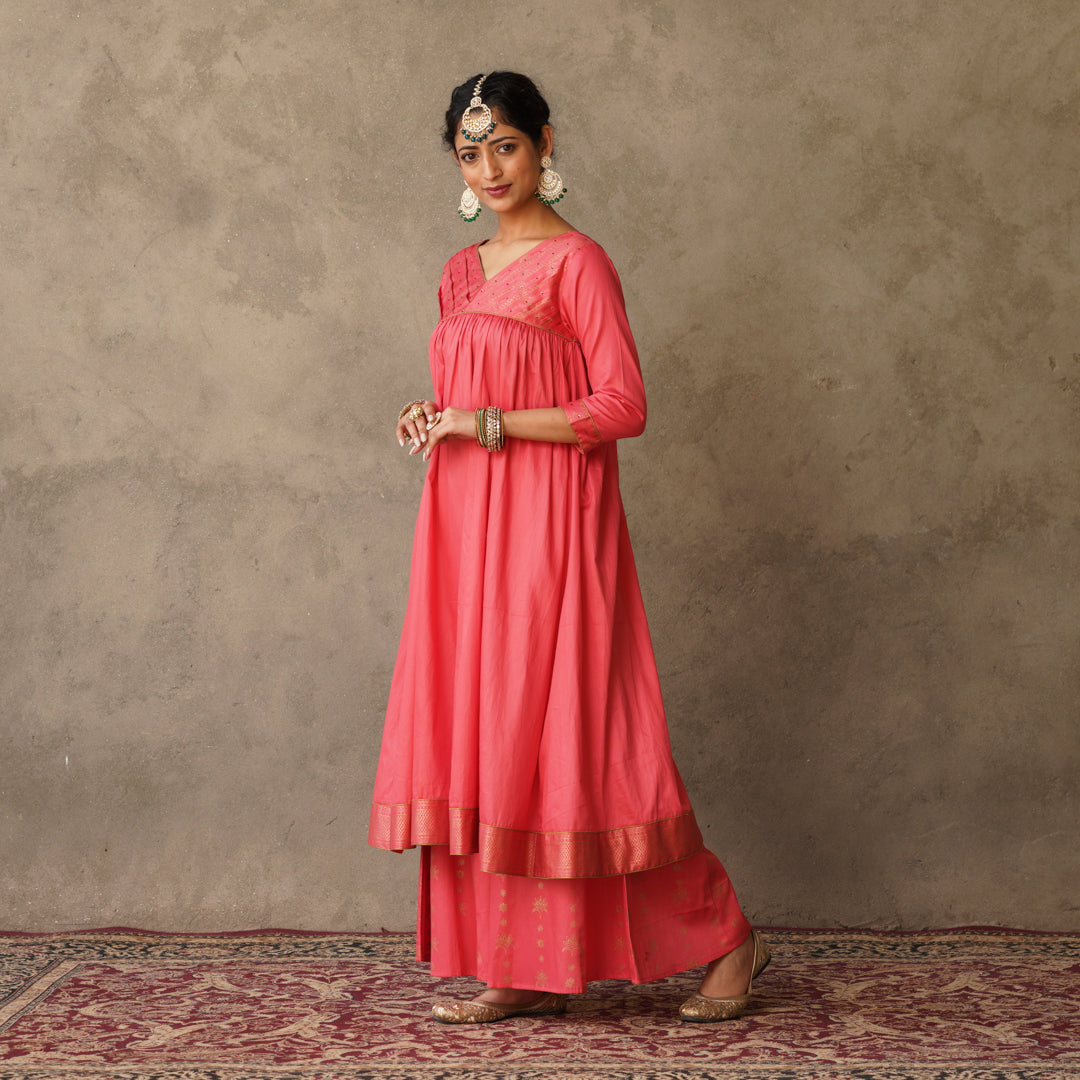 Coral Block Printed Anarkali suit Set with Hand Embroidery Details on Yoke Paired with Chanderi Dupatta (Set of 3)
