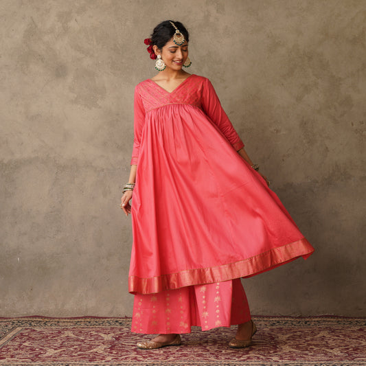 Coral Block Printed Anarkali Kurta with Hand Embroidery Details on Yoke