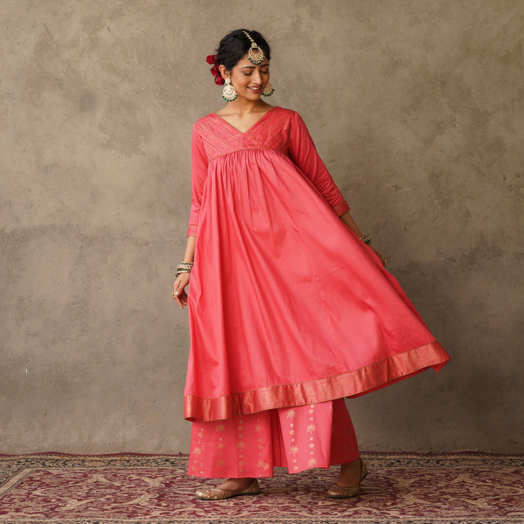 Coral Block Printed Anarkali suit Set with Hand Embroidery Details on Yoke Paired with Chanderi Dupatta (Set of 3)