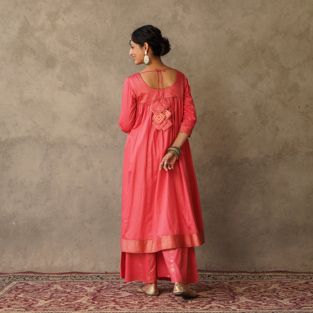 Coral Block Printed Anarkali suit Set with Hand Embroidery Details on Yoke Paired with Chanderi Dupatta (Set of 3)