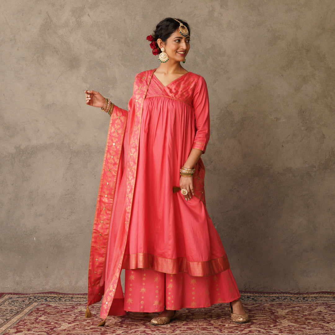 Coral Block Printed Anarkali suit Set with Hand Embroidery Details on Yoke Paired with Chanderi Dupatta (Set of 3)