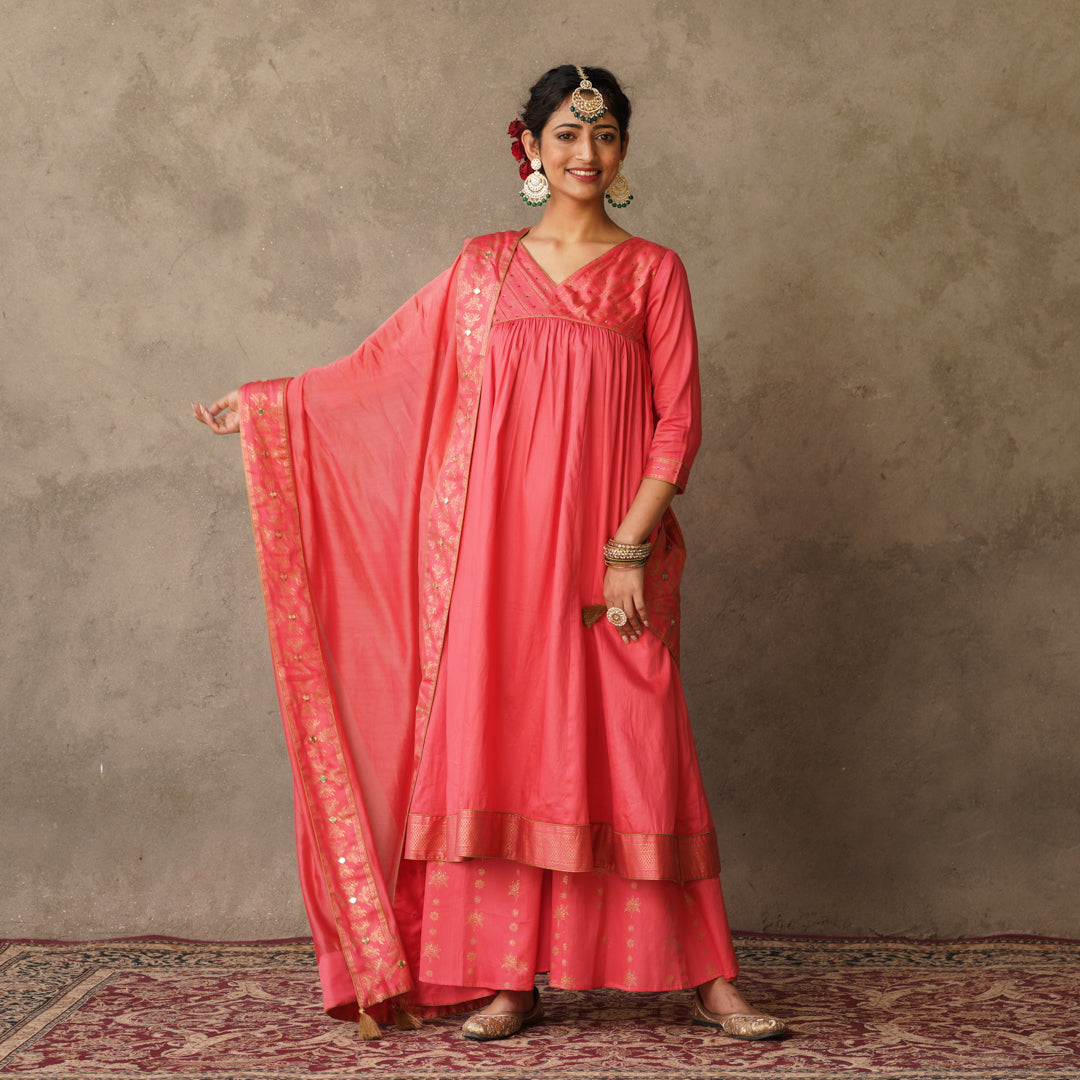 Coral Block Printed Anarkali suit Set with Hand Embroidery Details on Yoke Paired with Chanderi Dupatta (Set of 3)