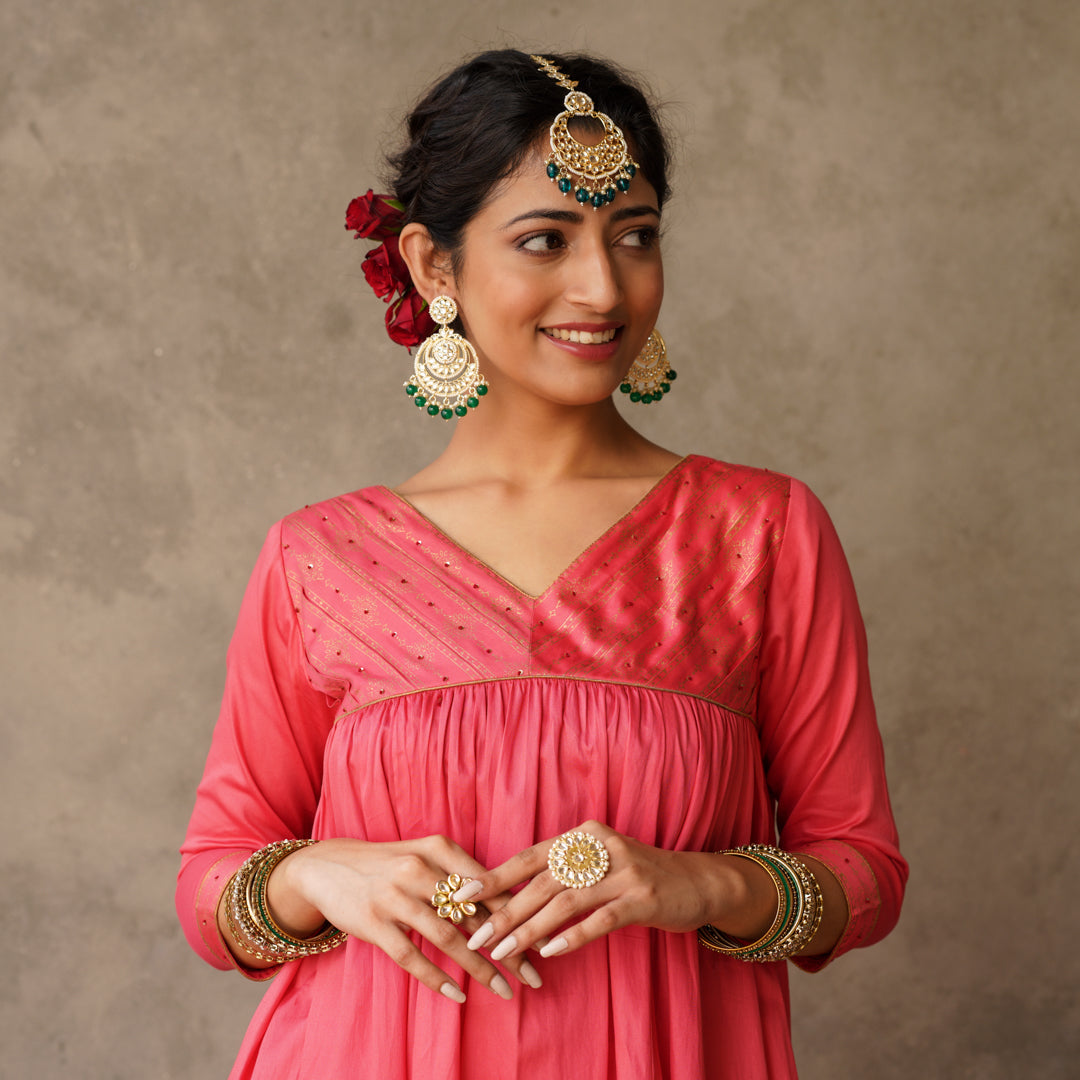 Coral Block Printed Anarkali suit Set with Hand Embroidery Details on Yoke Paired with Chanderi Dupatta (Set of 3)