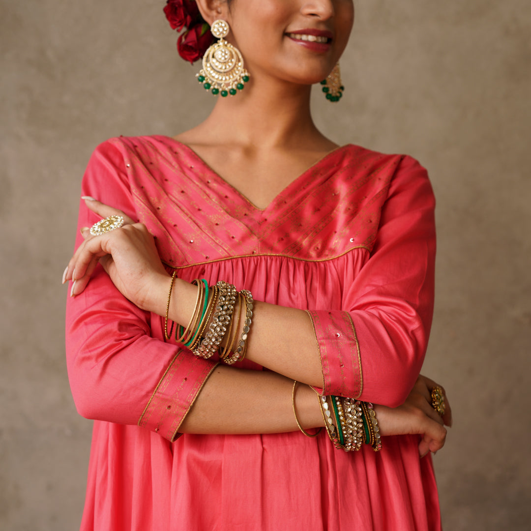 Coral Block Printed Anarkali suit Set with Hand Embroidery Details on Yoke Paired with Chanderi Dupatta (Set of 3)
