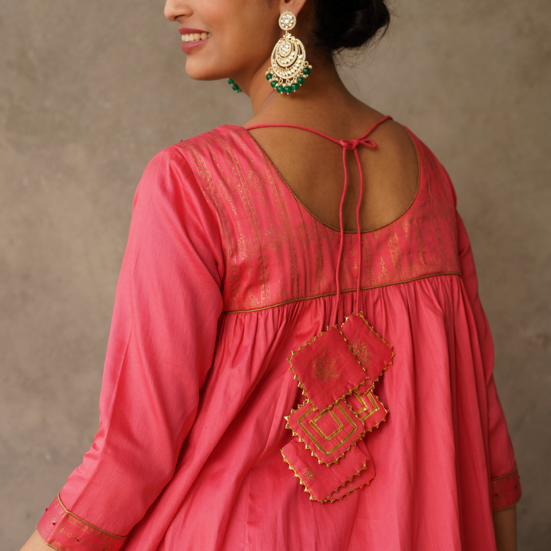Coral Block Printed Anarkali suit Set with Hand Embroidery Details on Yoke Paired with Chanderi Dupatta (Set of 3)