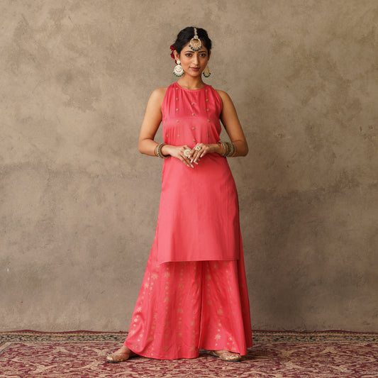 Coral sleeveless Kurta with Hand Embroidery Details