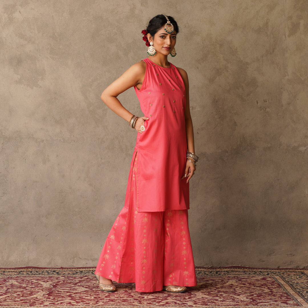 Coral sleeveless Kurta with Hand Embroidery Details with Block Printed Sharara with Chanderi Dupatta (Set of 3)