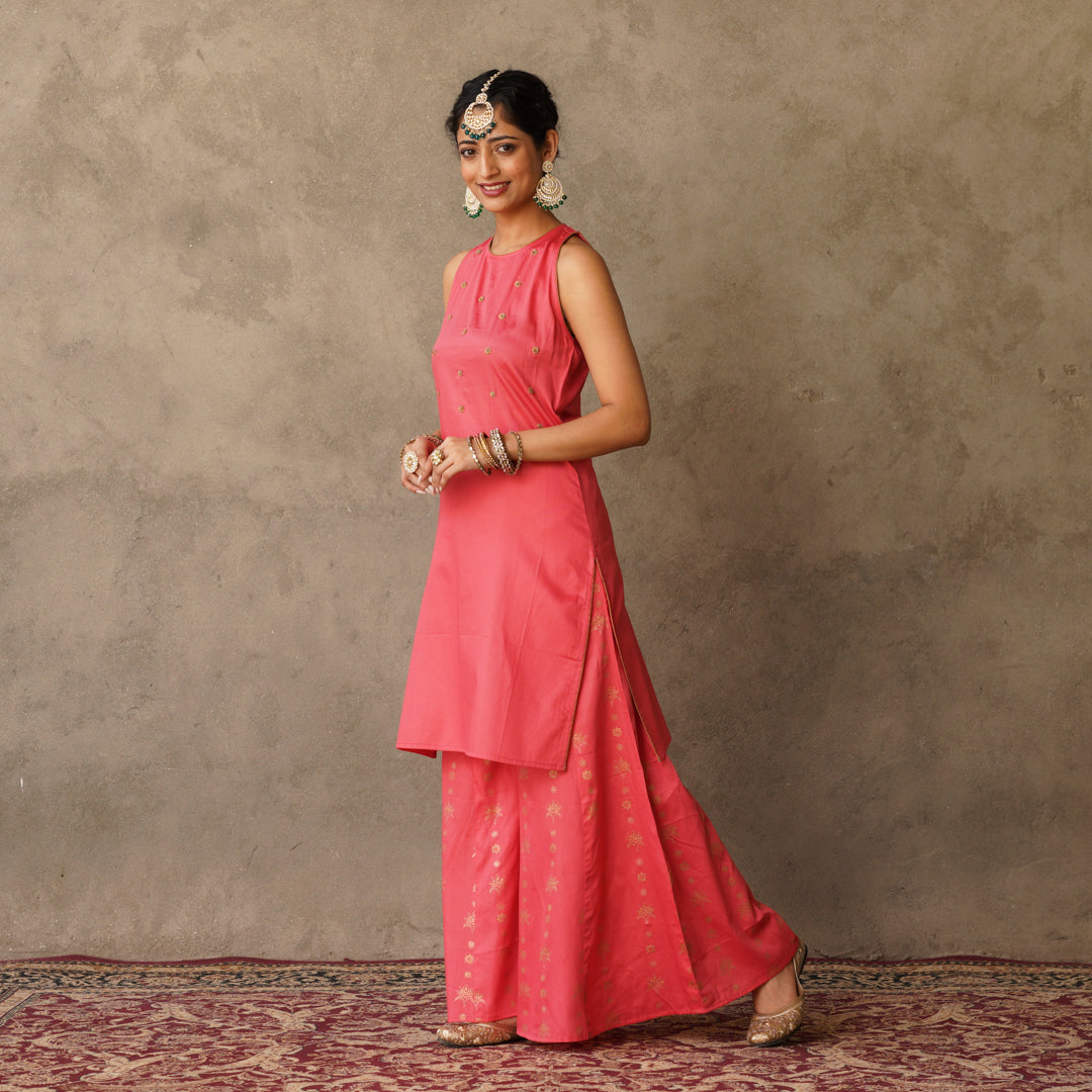 Coral sleeveless Kurta with Hand Embroidery Details with Block Printed Sharara with Chanderi Dupatta (Set of 3)