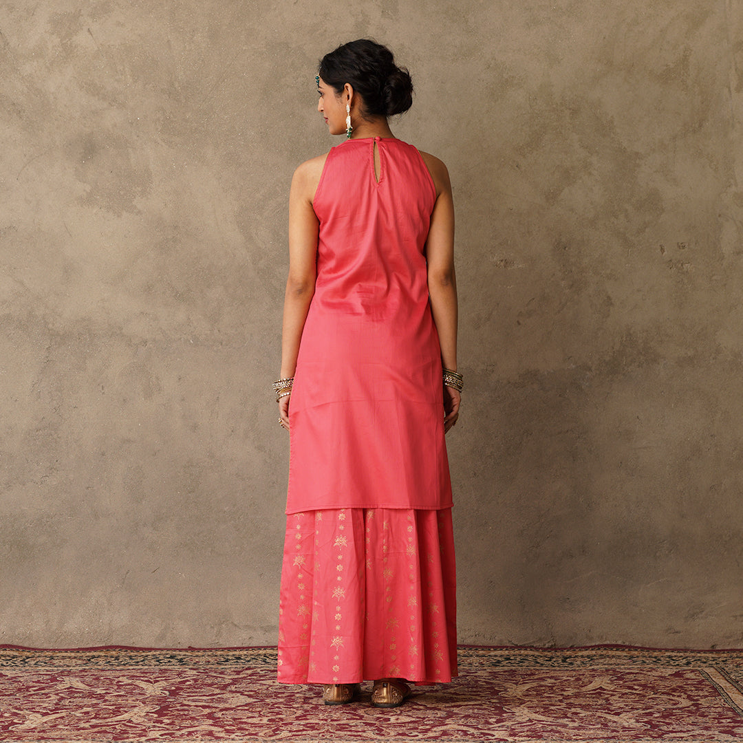Coral sleeveless Kurta with Hand Embroidery Details with Block Printed Sharara with Chanderi Dupatta (Set of 3)