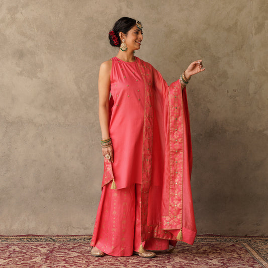 Coral sleeveless Kurta with Hand Embroidery Details with Block Printed Sharara with Chanderi Dupatta (Set of 3)