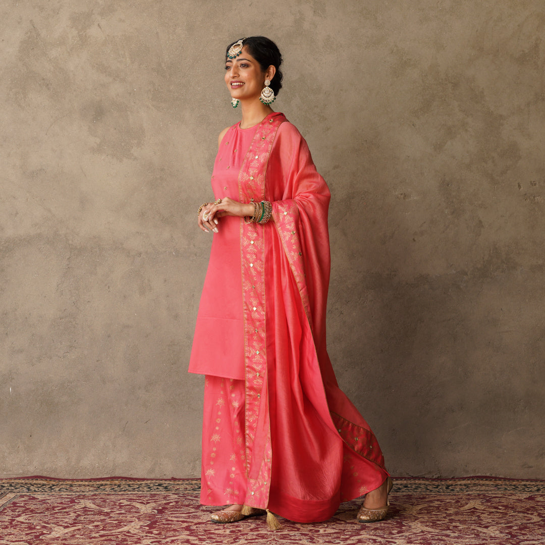 Coral sleeveless Kurta with Hand Embroidery Details with Block Printed Sharara with Chanderi Dupatta (Set of 3)