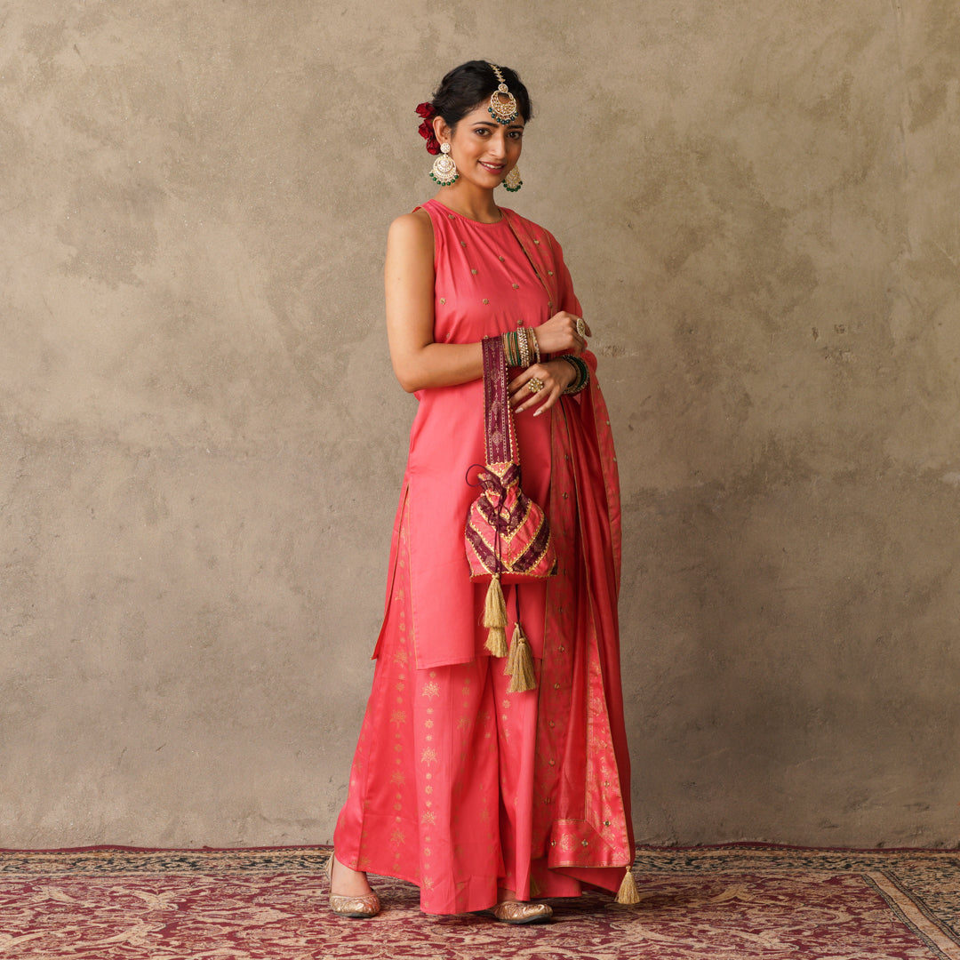 Coral sleeveless Kurta with Hand Embroidery Details with Block Printed Sharara with Chanderi Dupatta (Set of 3)