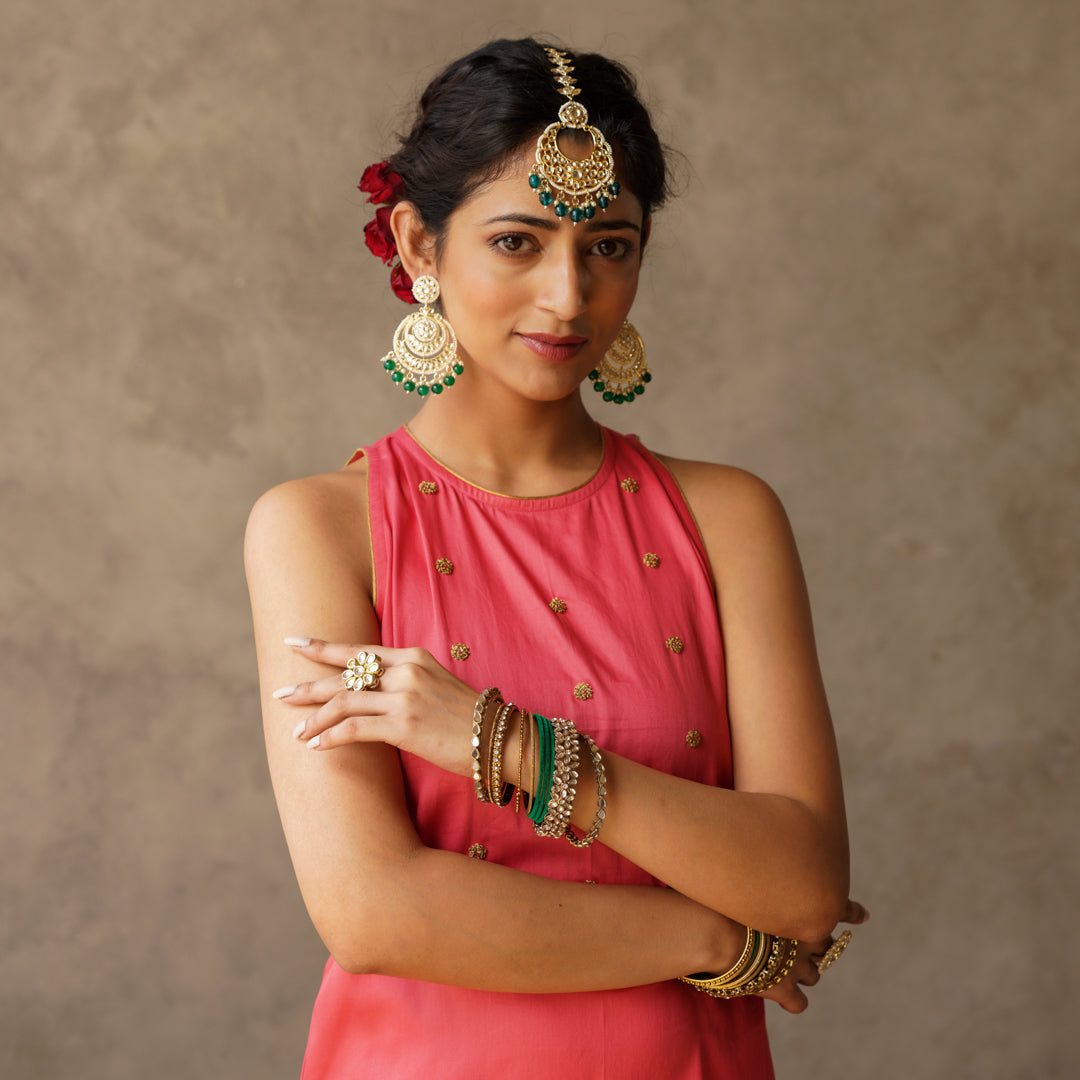 Coral sleeveless Kurta with Hand Embroidery Details with Block Printed Sharara with Chanderi Dupatta (Set of 3)