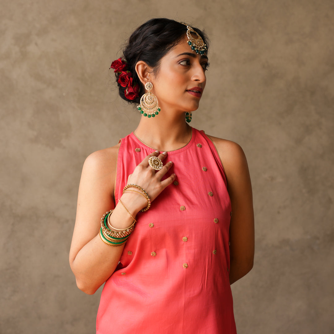 Coral sleeveless Kurta with Hand Embroidery Details with Block Printed Sharara with Chanderi Dupatta (Set of 3)