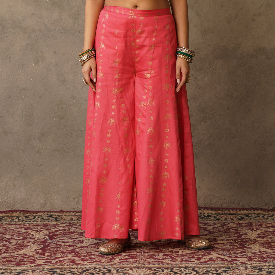 Coral Block Printed Cotton Sharara Pants - Main Image