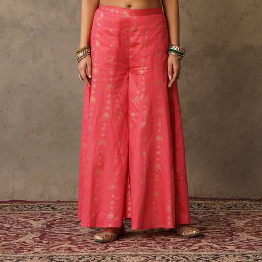 Coral Block Printed Cotton Sharara Pants