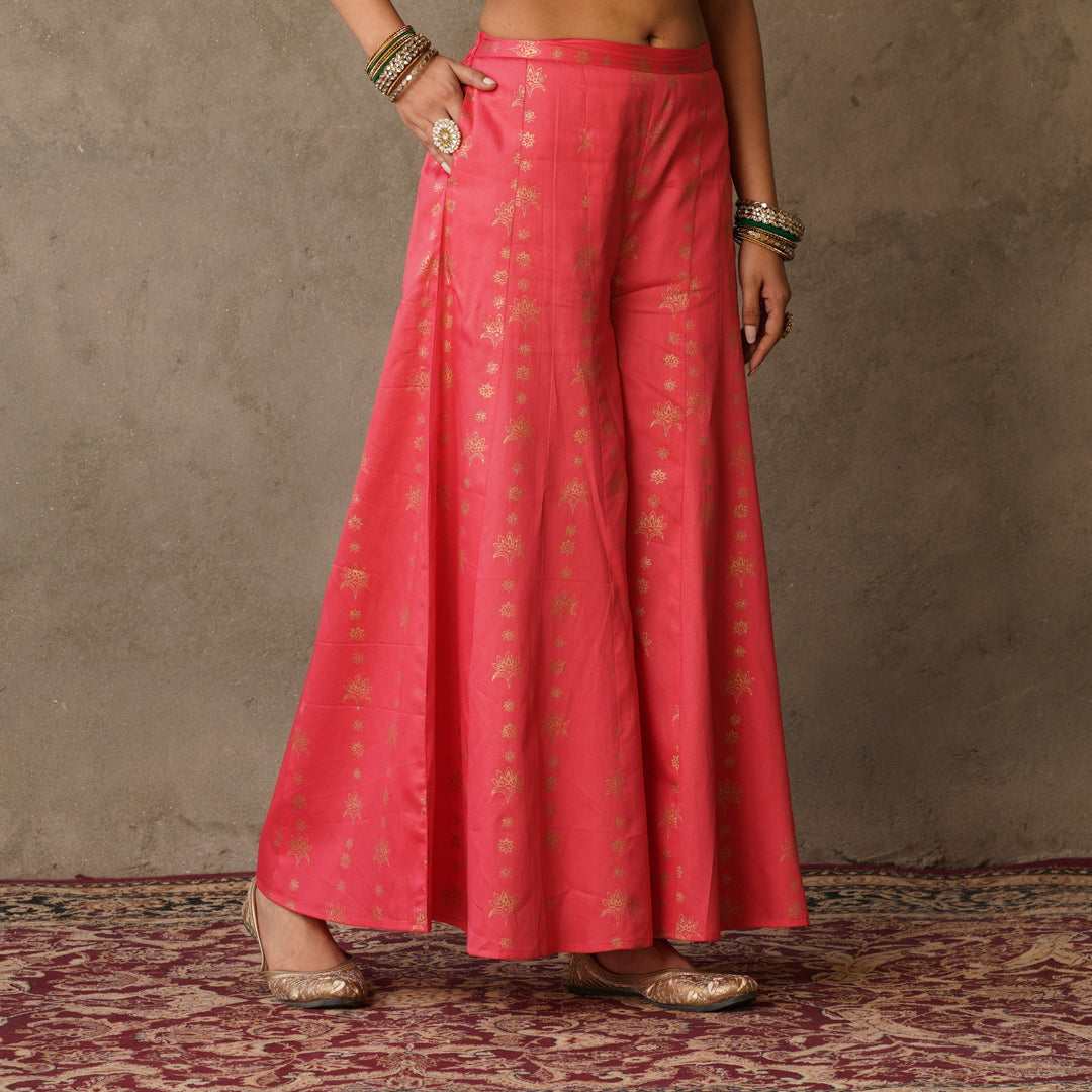 Coral Block Printed Cotton Sharara Pants