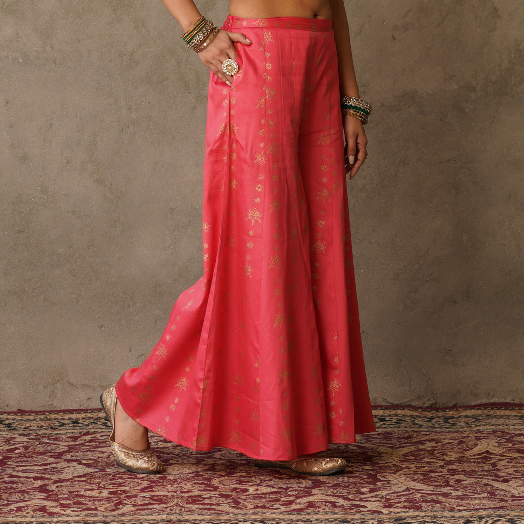 Coral Block Printed Anarkali suit Set with Hand Embroidery Details on Yoke Paired with Chanderi Dupatta (Set of 3)