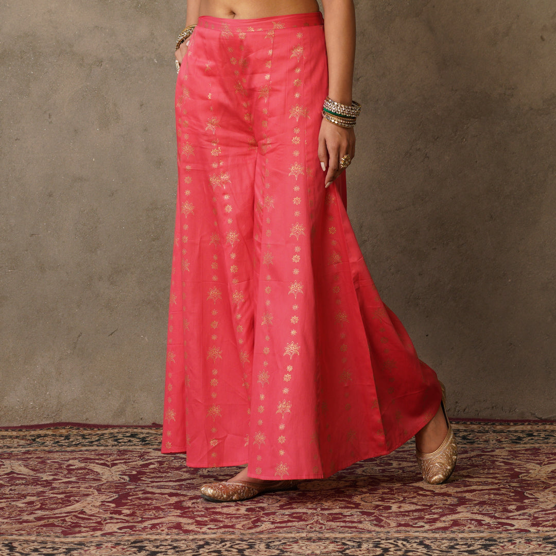 Coral Block Printed Anarkali suit Set with Hand Embroidery Details on Yoke Paired with Chanderi Dupatta (Set of 3)