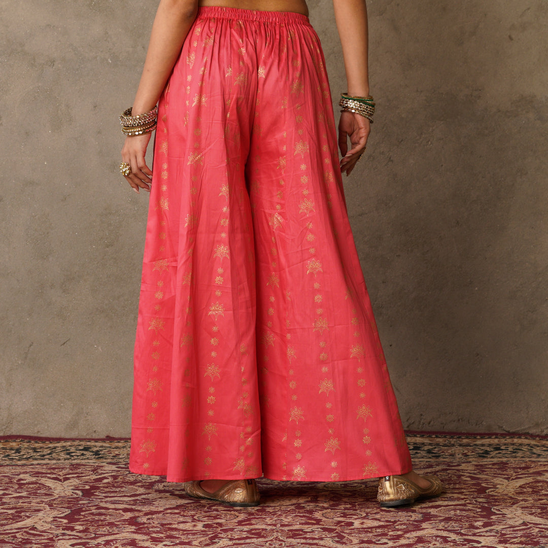 Coral Block Printed Cotton Sharara Pants