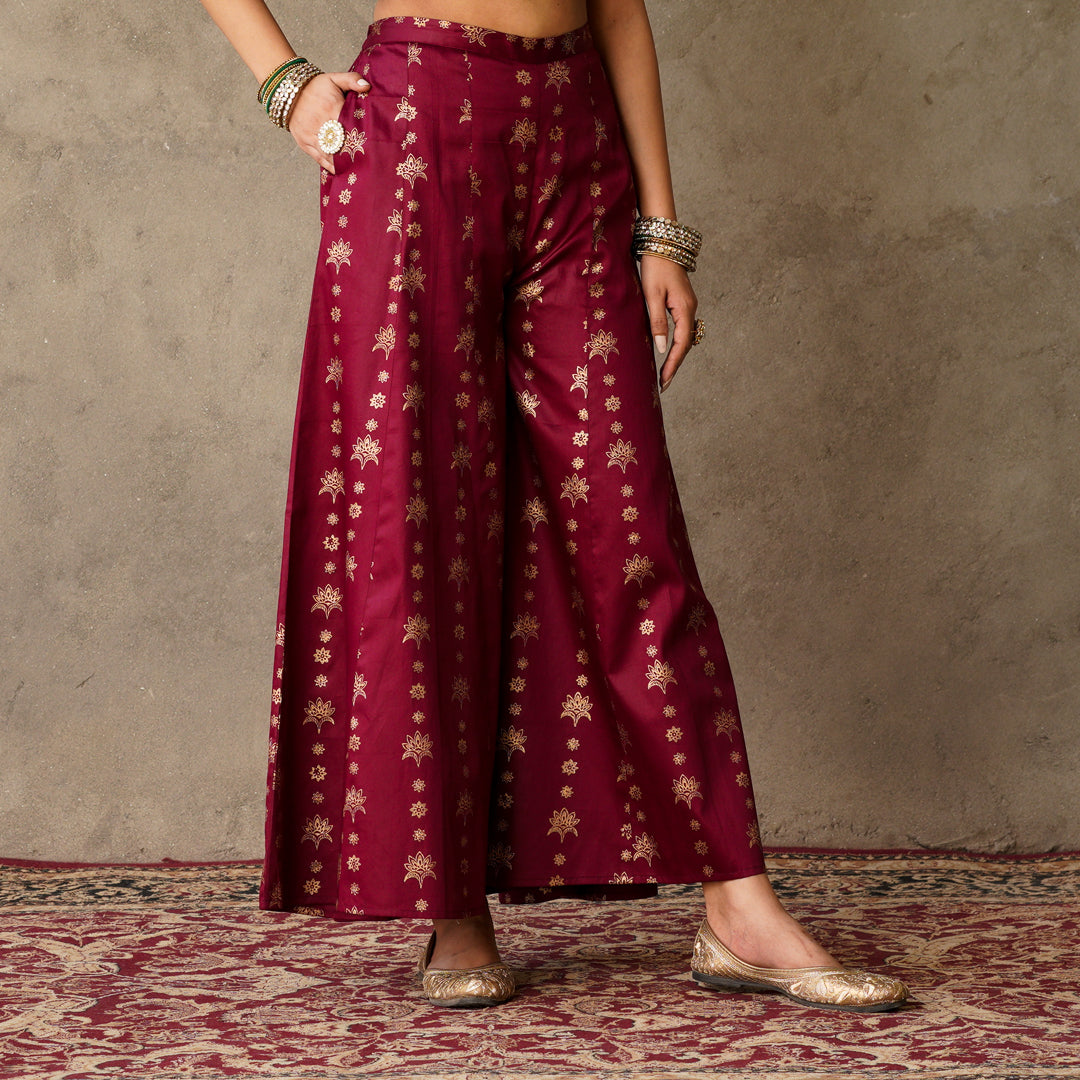 Plum sleeveless Kurta with Hand Embroidery Details with Block Printed Sharara with Chanderi Dupatta (Set of 3)