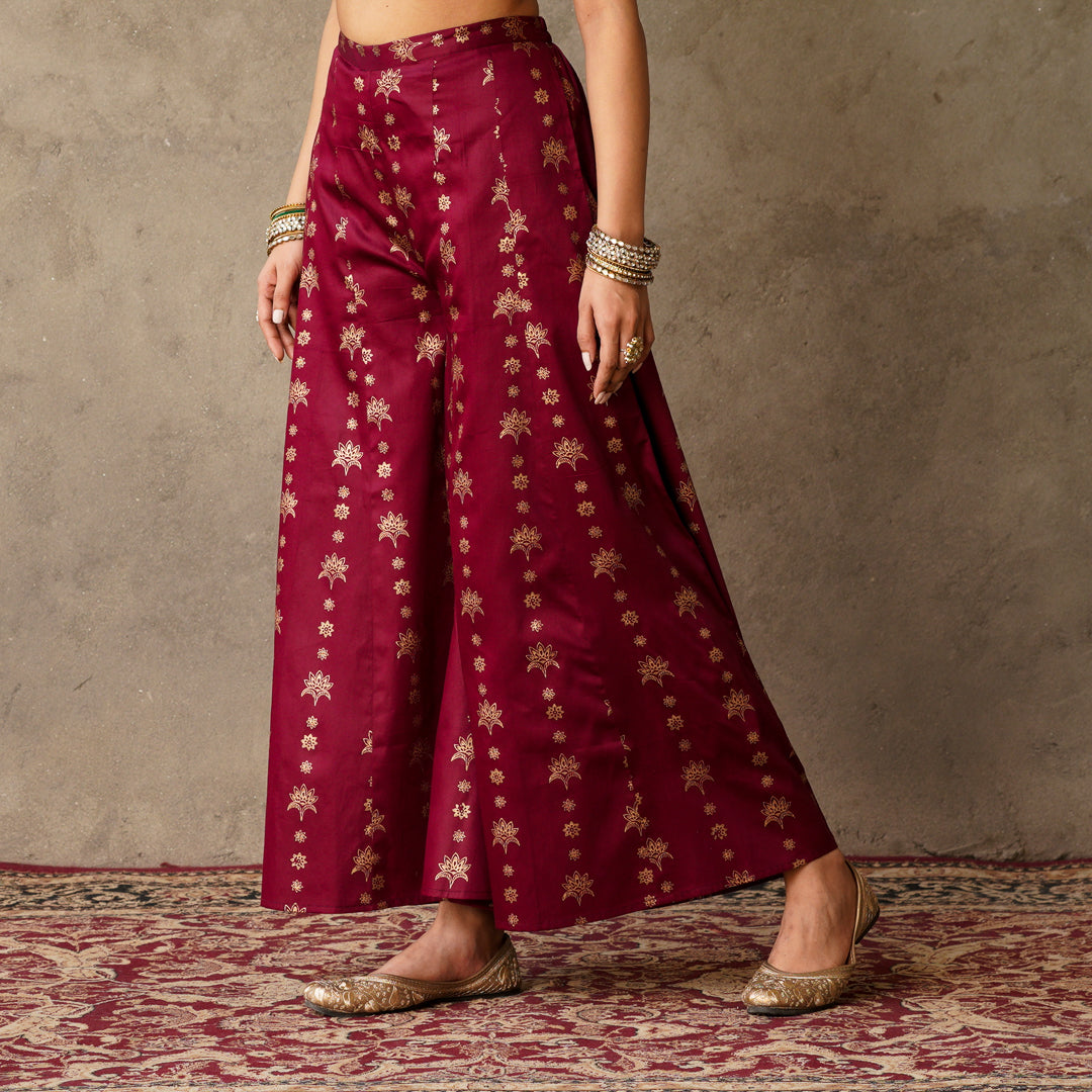 Plum sleeveless Kurta with Hand Embroidery Details with Block Printed Sharara with Chanderi Dupatta (Set of 3)