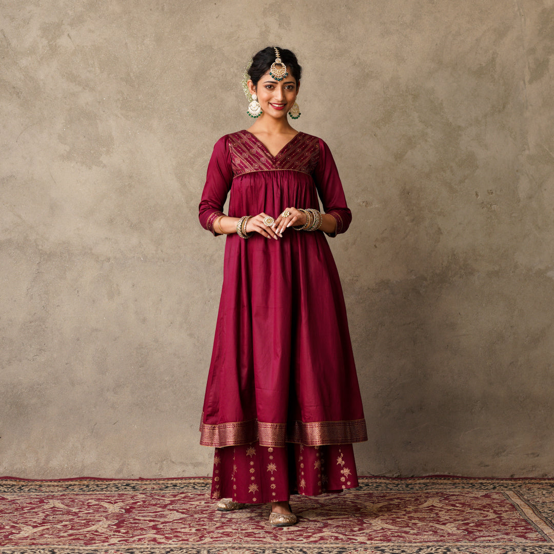 Plum Block Printed Anarkali suit Set with Hand Embroidery Details on Yoke Paired with Plum Block Printed Sharara Pants Set (Set of 2)