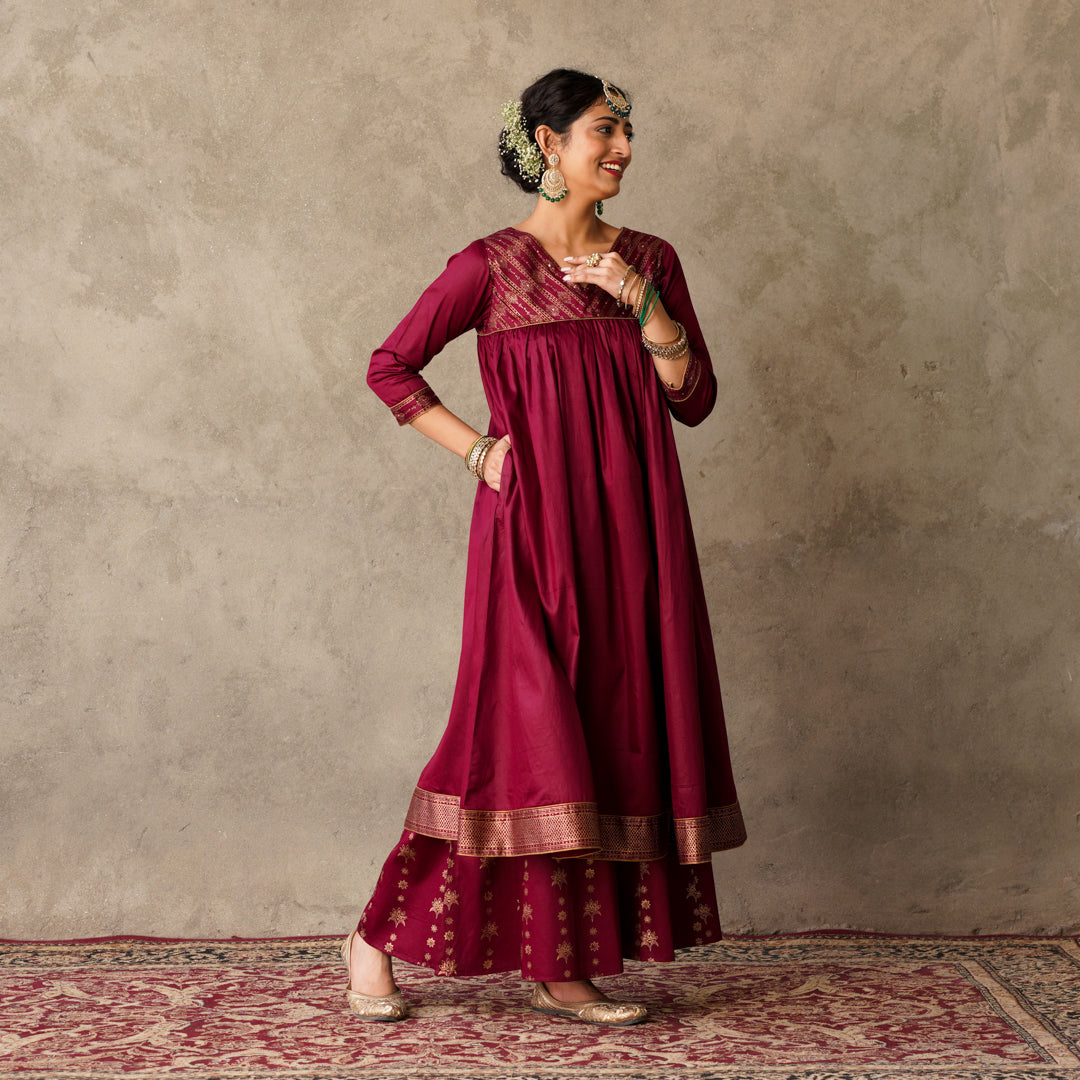 Plum Block Printed Anarkali suit Set with Hand Embroidery Details on Yoke Paired with Chanderi Dupatta (Set of 3)