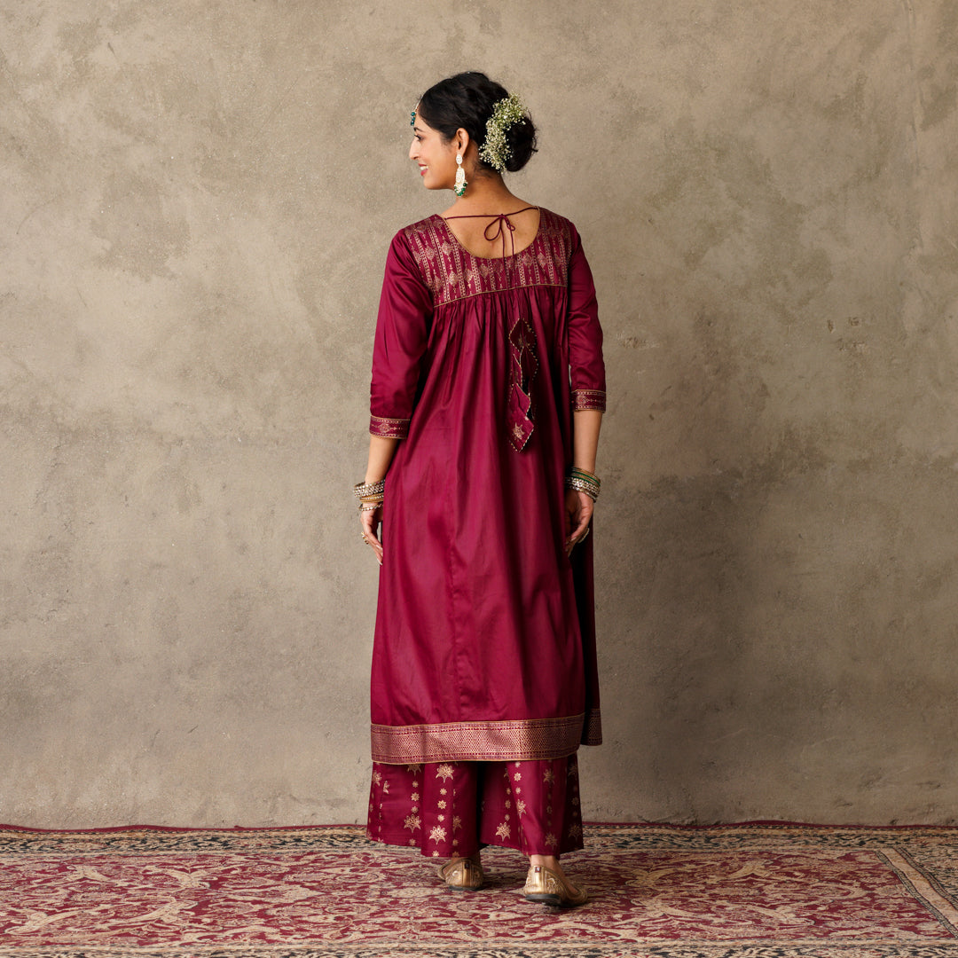 Plum Block Printed Anarkali suit Set with Hand Embroidery Details on Yoke Paired with Plum Block Printed Sharara Pants Set (Set of 2)