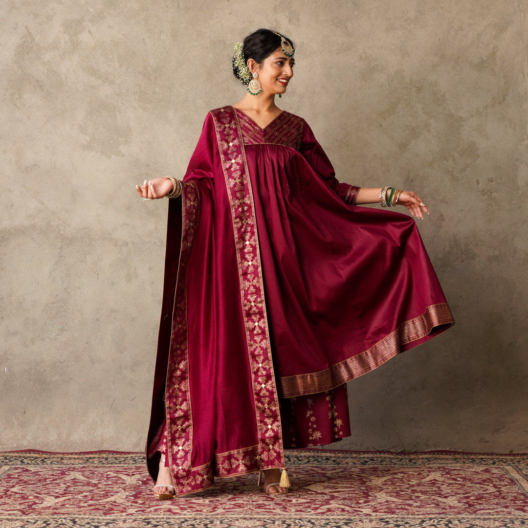 Plum Block Printed Anarkali suit Set with Hand Embroidery Details on Yoke Paired with Chanderi Dupatta (Set of 3)