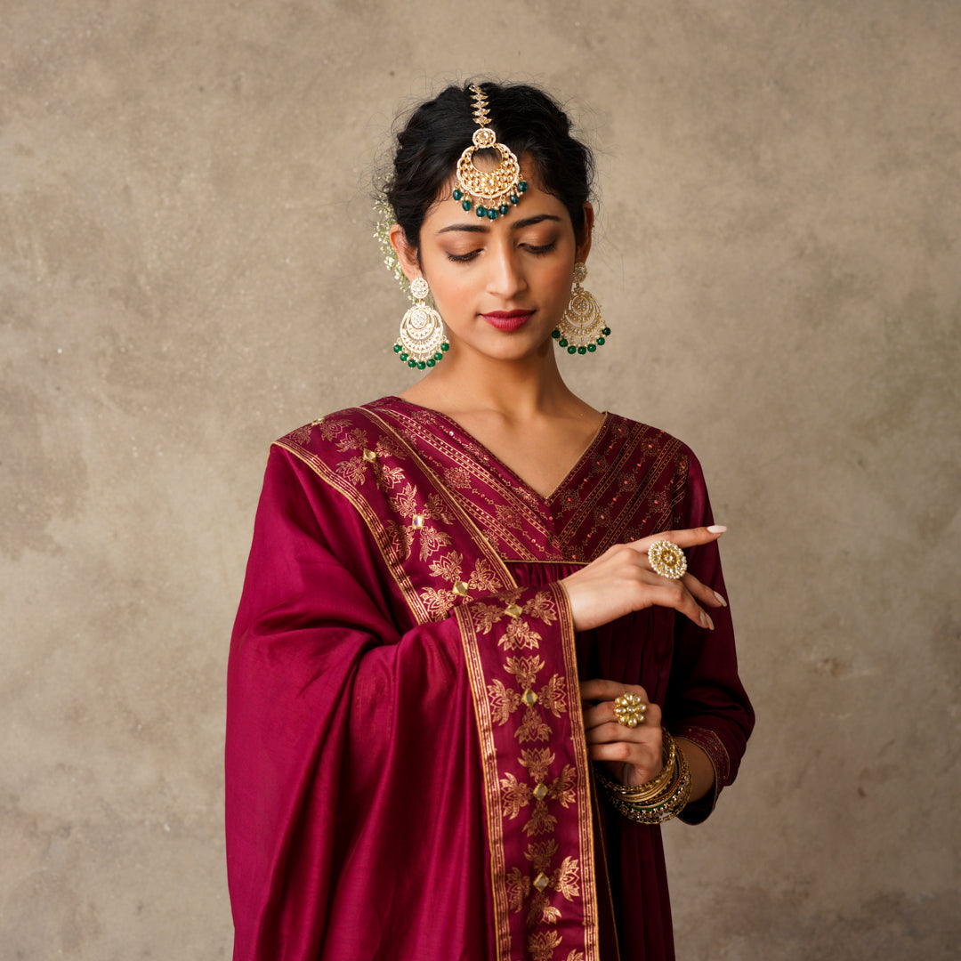 Plum Block Printed Anarkali suit Set with Hand Embroidery Details on Yoke Paired with Chanderi Dupatta (Set of 3)