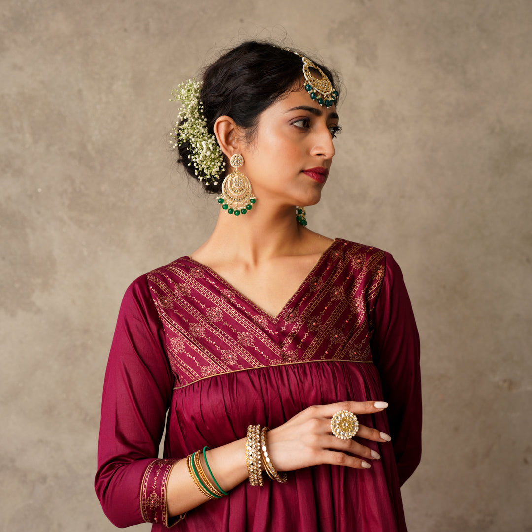 Plum Block Printed Anarkali suit Set with Hand Embroidery Details on Yoke Paired with Plum Block Printed Sharara Pants Set (Set of 2)