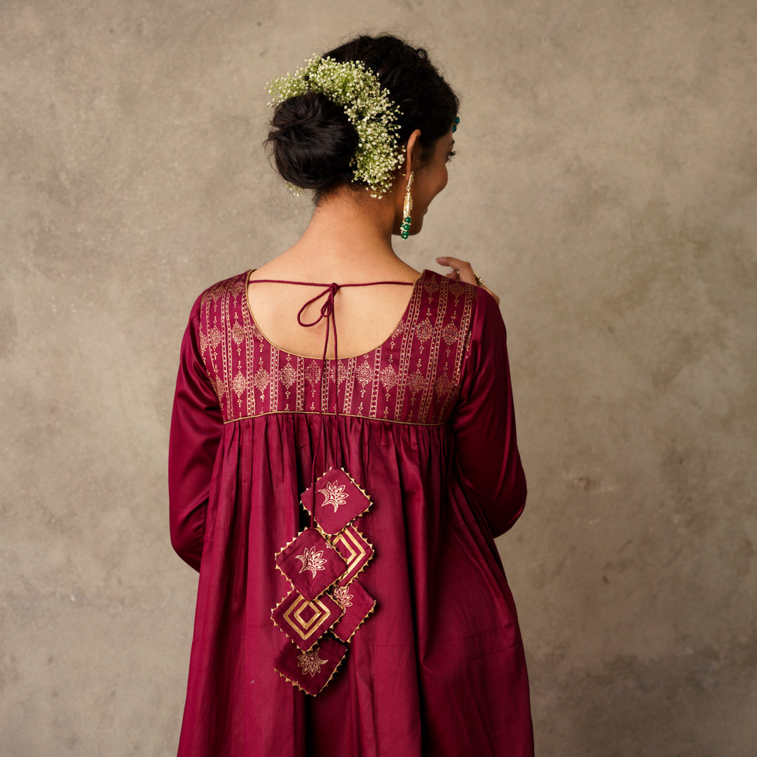 Plum Block Printed Anarkali suit Set with Hand Embroidery Details on Yoke Paired with Chanderi Dupatta (Set of 3)