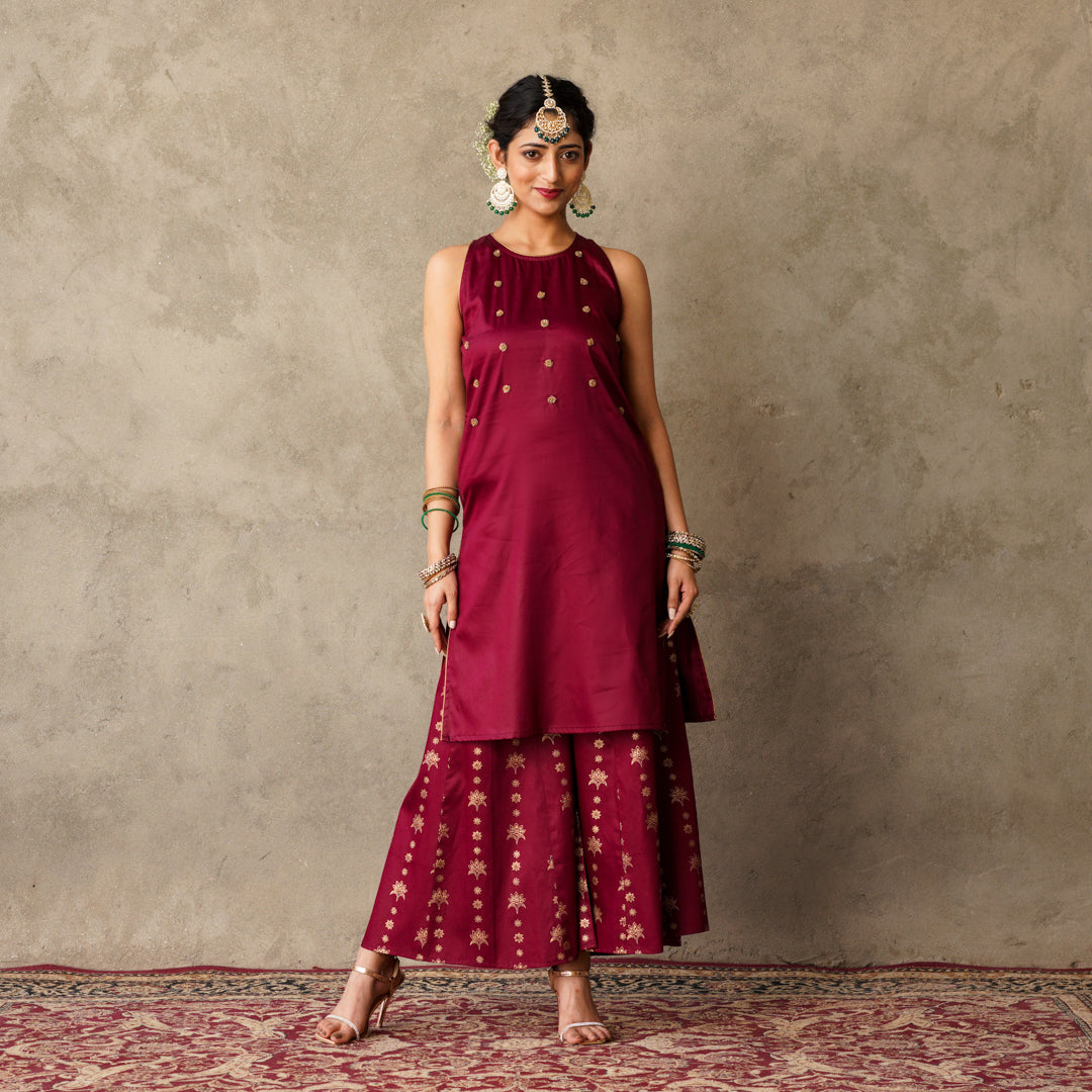 Plum sleeveless Kurta with Hand Embroidery Details with Block Printed Sharara with Chanderi Dupatta (Set of 3)