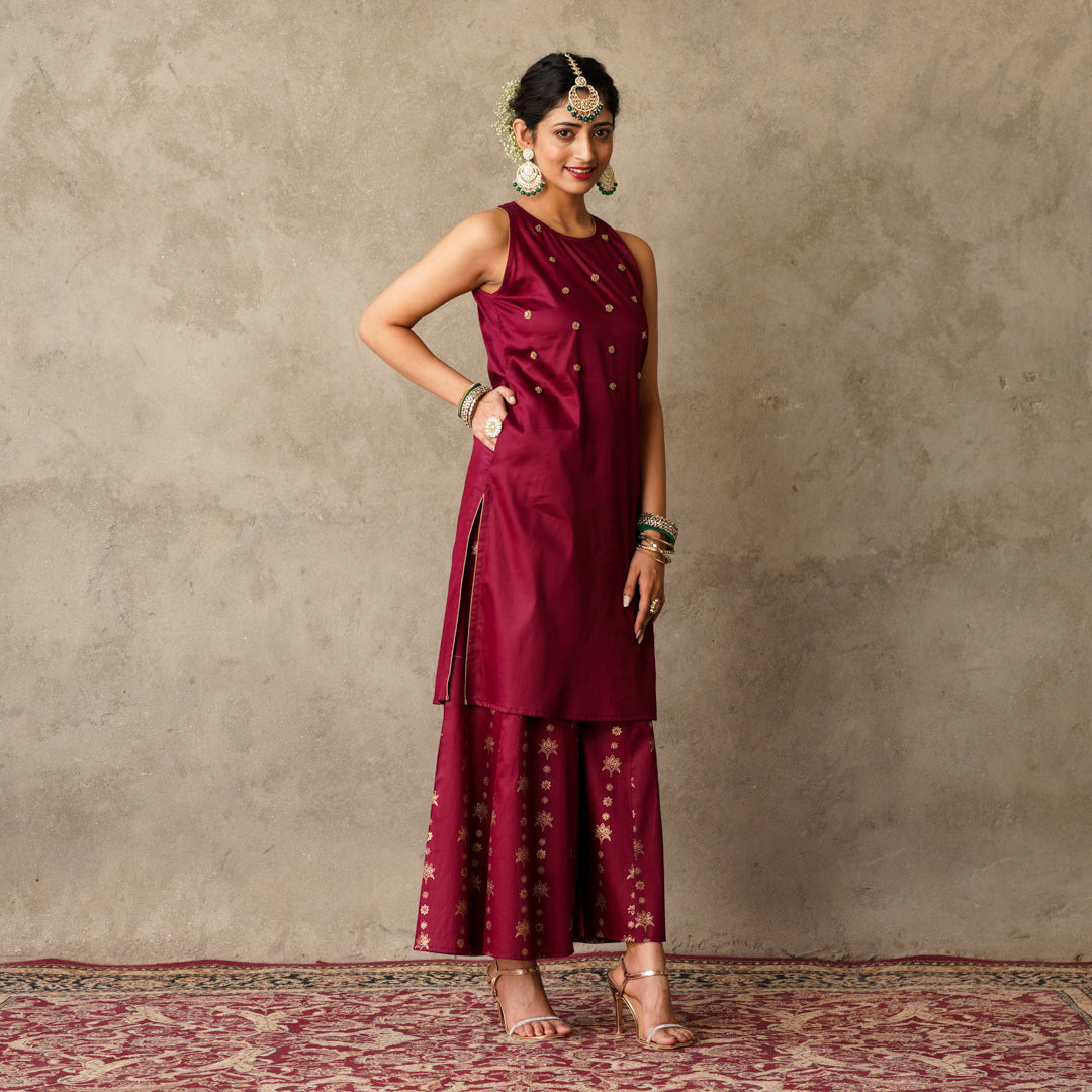 Plum sleeveless Kurta with Hand Embroidery Details with Block Printed Sharara with Chanderi Dupatta (Set of 3)