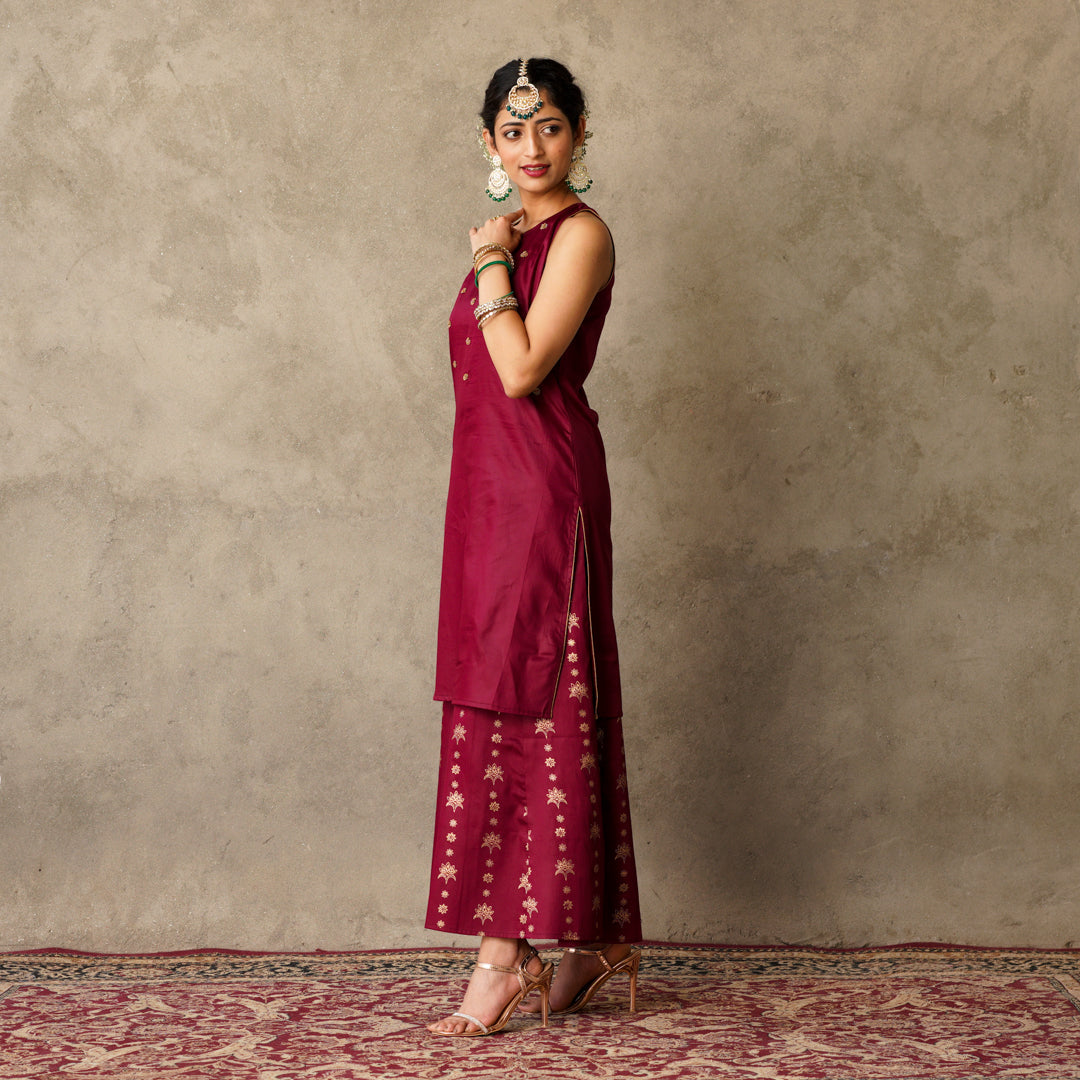 Plum sleeveless Kurta with Hand Embroidery Details with Block Printed Sharara with Chanderi Dupatta (Set of 3)