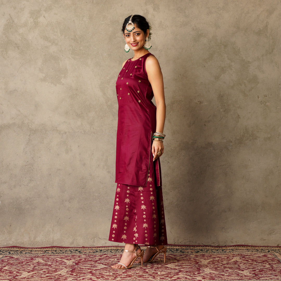 Plum sleeveless Kurta with Hand Embroidery Details with Block Printed Sharara with Chanderi Dupatta (Set of 3)