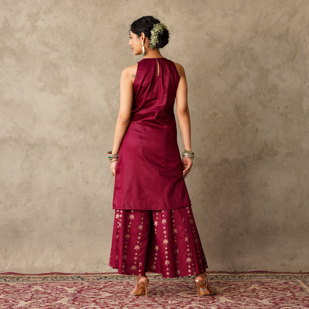 Plum sleeveless Kurta with Hand Embroidery Details with Block Printed Sharara with Chanderi Dupatta (Set of 3)